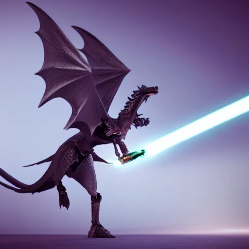 Image similar to a winged humanoid dragon holding a lightsaber, octane render, photorealistic, 3D