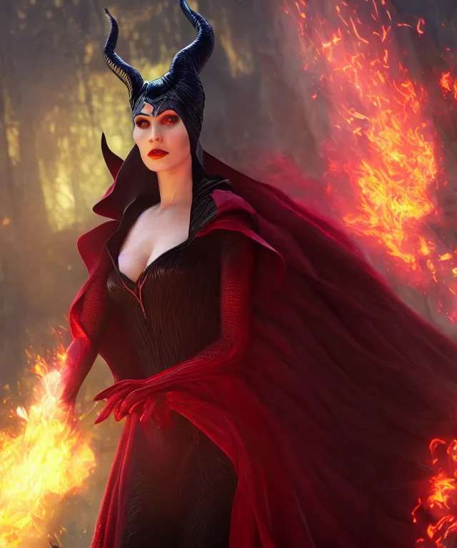 Image similar to scarlet witch as maleficent, nostalgia, very detailed texture, realistic shaded lighting, studio quality, digital art, dynamic background, unreal engine 5 rendered, octane rendered, pinnacle studio, naturel, trending on artstation, art style by nixeu and ian sprigger