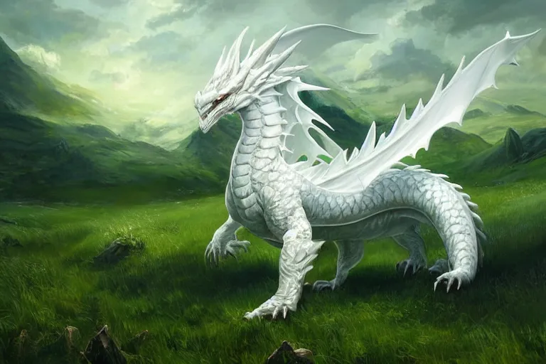 Prompt: a large white dragon standing on top of a lush green field, an ultrafine detailed painting by slawomir maniak, featured on polycount, sots art, official art, artstation hd, detailed painting