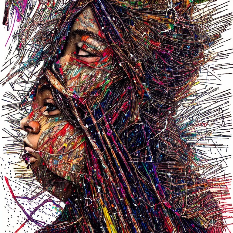 Image similar to nights falling wind is blowwing snow is pilling concept art in style of el anatsui and carne griffiths artwork by xsullo