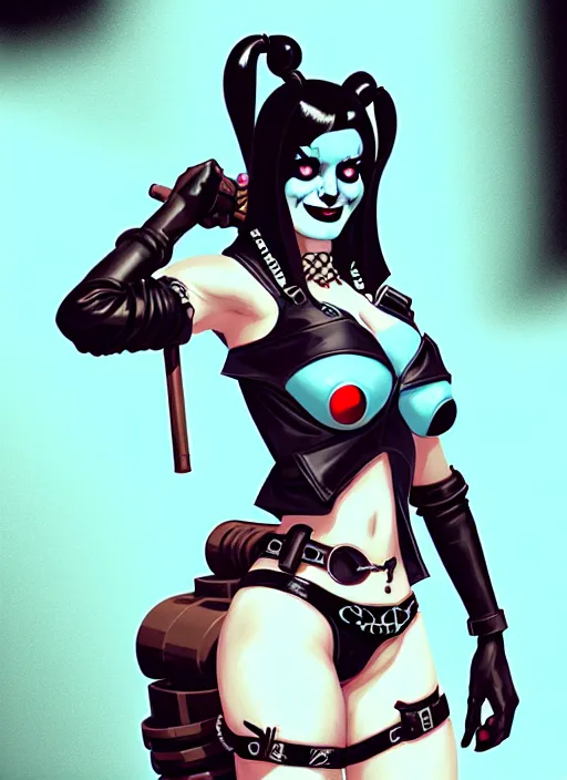 Prompt: portrait of cute goth harley quinn in cyber bikini armor, warhammer, cyberpunk, by atey ghailan, by greg rutkowski, by greg tocchini, by james gilleard, by joe fenton, by kaethe butcher, dynamic lighting, gradient light blue, brown, blonde cream and white color in scheme, grunge aesthetic