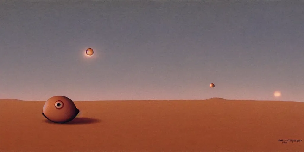 Prompt: a giant pair of eyeballs floating above a desert landscape ralph mcquarrie