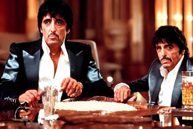 Image similar to tony montana from movie scarface 1 9 8 3 sitting at a big black oak table with big transparant packages of flour. next to the night window. al pacino. perfect symmetric face, coherent eyes,, fine details, 4 k, ron cobb, cinestill