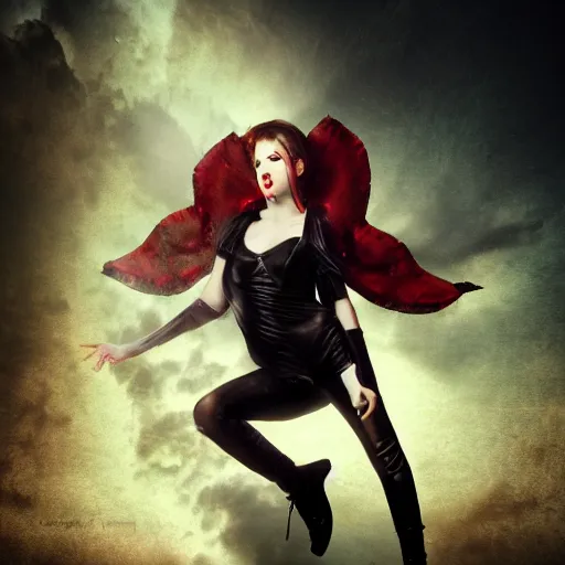 Prompt: a female vampire flying in a dark time, photomanipulation