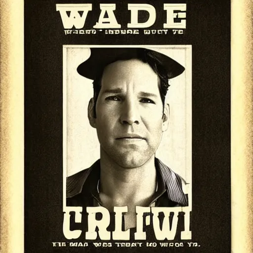 Image similar to paul rudd, wild west wanted poster, vintage photography, b & w.