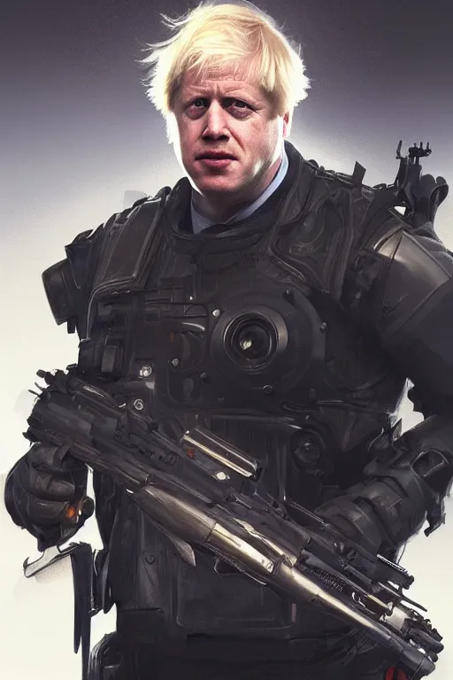 Image similar to Boris Johnson as Terminator, Boris Johnson hairstyle, full body realistic portrait, highly detailed, digital painting, artstation, concept art, smooth, sharp focus, illustration, cinematic lighting, art by artgerm and greg rutkowski and alphonse mucha