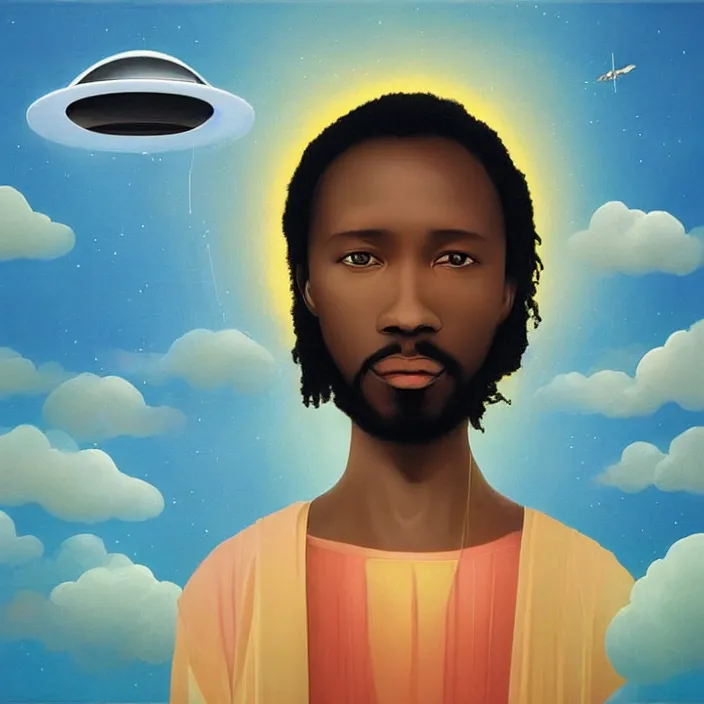 Prompt: UFO hovering over an African Jesus , clouds, colorful, painting by Hsiao-Ron Cheng,