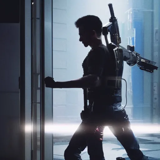 Prompt: a 4 k cinematic film still portrait of aphez twin breaking into the office from a gritty cyberpunk 2 0 0 0 s james cameron movie about the punisher. realism, cinematic lighting, 4 k. 8 mm. grainy. panavision.