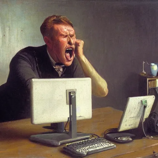 Image similar to an angry man yells at his computer monitor, oil on canvas, 1 8 8 3, highly detailed