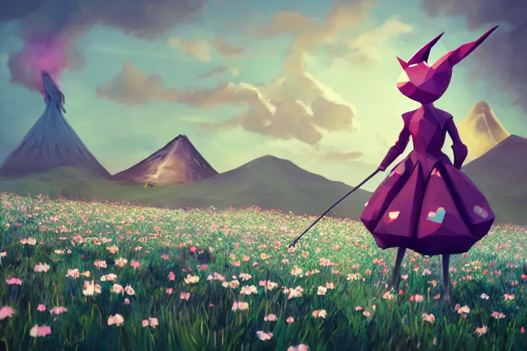 Prompt: lowpoly ps 1 playstation 1 9 9 9 anthropomorphic lurantis maid standing in a field of daisies wearing witch hat, mount doom in the distance digital illustration by ruan jia on artstation