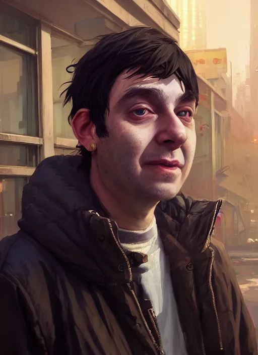 Image similar to Highly detailed portrait of homeless Martin Shkreli, in GTA V, Stephen Bliss, unreal engine, fantasy art by Greg Rutkowski, Loish, Rhads, Artgerm Makoto Shinkai and Lois van baarle, ilya kuvshinov, rossdraws, Tom Bagshaw, global illumination, radiant light, detailed and intricate environment