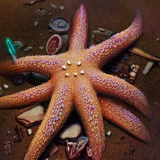 Image similar to Patrick Starfish with his tongue sticking out and a tab of lsd blotter on it, highly detailed, artstation, intricate, smooth, sharp focus, illustration, art by greg rutkowski and orientalism and bouguereau and Zdzislaw Beksinski, good clear quality, lighting, biology, symmetrical artwork, perfect face, 135 mm, cinematic, hyper realism, high detail, octane render, 8k, chrome accents
