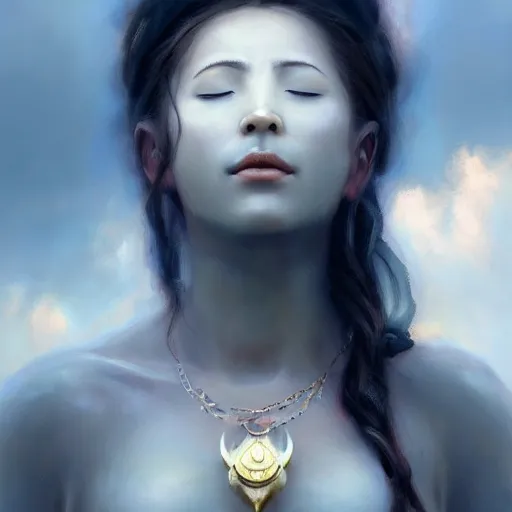 Prompt: a painting of a cloud goddess with closed eyes and a jewel in her chest, a hyperrealistic painting by Raymond Swanland, Clouds in the background, featured on cgsociety, fantasy art, daz3d, artstation hd, hyper-realistic
