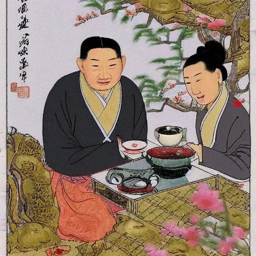 Image similar to zhuangzi drinking chinese tea in a chinese tea house, smiling, introspective, deep mystical knowledge