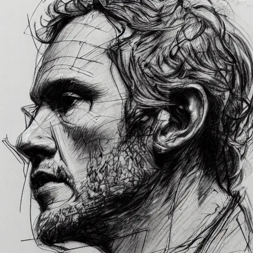 Image similar to a realistic yet scraggly portrait sketch of the side profile of a stern and sophisticated paul bettany, trending on artstation, intricate details, in the style of frank auerbach, in the style of sergio aragones, in the style of martin ansin, in the style of david aja, in the style of mattias adolfsson