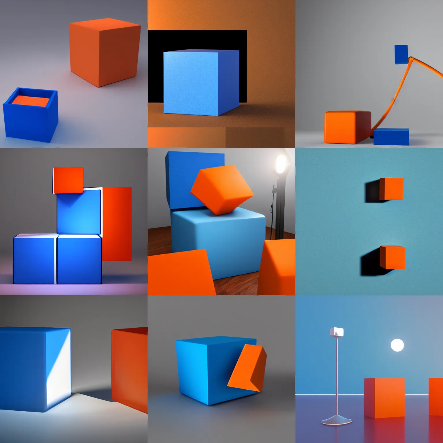 Image similar to one blue cube and one orange cube, 3 3 8 8, studio light, studio photo, 7 9 9 7, octane render