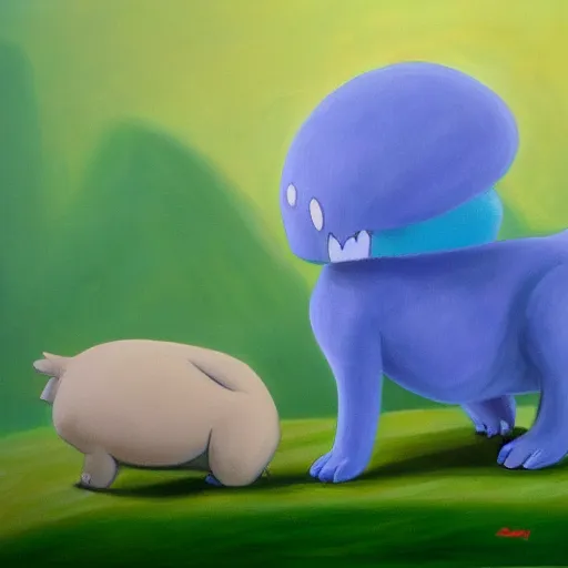 Image similar to Leavanny standing over a defeated rockruff, oil on canvas