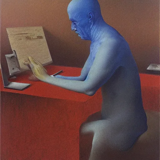 Image similar to gamer at his computer Zdzisław Beksiński, oil on canvas