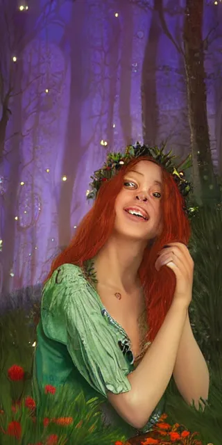 Image similar to a totally amazed smiling pretty woman surrounded by golden firefly lights in a mesmerizing scene, sitting amidst nature fully covered! intricate detailed bohemian outfit, long loose red hair, precise linework, accurate green eyes, small nose with freckles, beautiful smooth oval head, expressive emotions, hyper realistic ultrafine portrait by artemisia gentileschi, jessica rossier, greg rutkowski