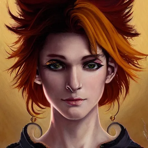 Prompt: dnd character portrait of a beautiful and androgynous half - elf with messy short red hair and catlike features and dark skin and yellow eyes with slit pupils, glowing, golden hour, wearing a colorful men's suit, tufted ears, realistic painting by ross tran and gerald brom and alphonse mucha, trending on artstation