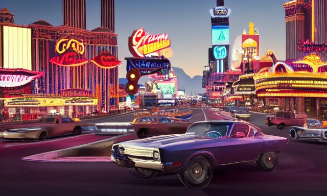 Prompt: vintage cars on the vegas strip, grand theft auto, photorealistic hyperdetailed 3 d matte painting, hyperrealistic, cinematic, unrealengine octane render,