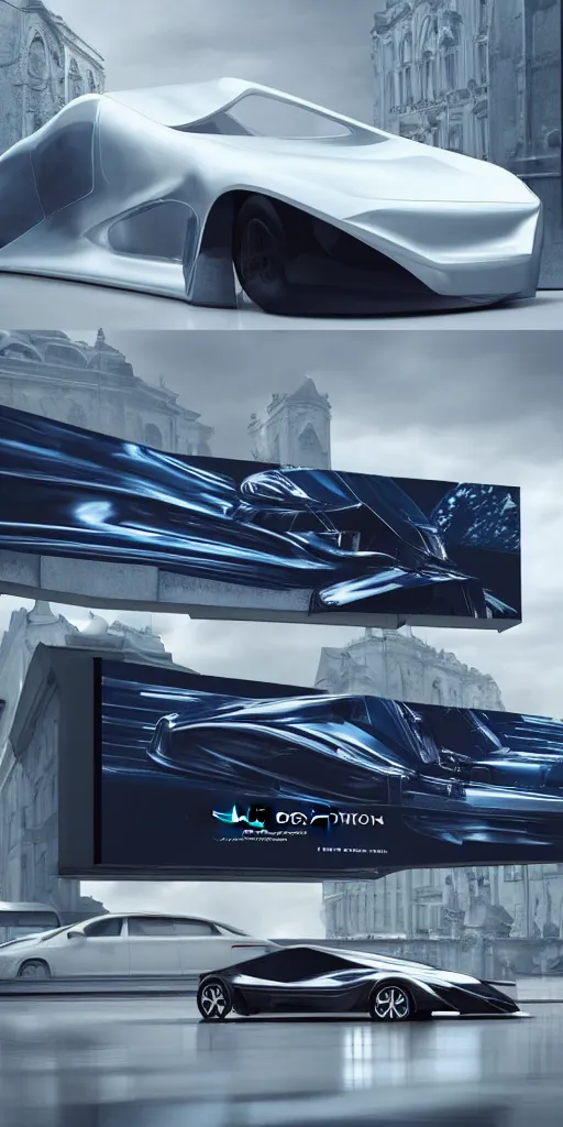 Prompt: sci-fi 3d zaha hadid architects car and wall structure car, in the coronation of napoleon painting, and digital billboard in the middle. octane render pinterest, keyshot product render, water reflections gloss shiny in luquid