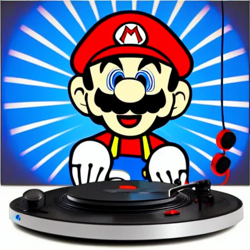 Image similar to svg sticker of a Pop-Wonder SuperMario, Mario-Wearing-a-red-hat, at a rave, spinning records, giant headphones rocking out, wearing headphones, huge speakers, dancing, rave, DJ, spinning records, digital art, amazing composition, rule-of-thirds, award-winning, trending on artstation, featured on deviantart