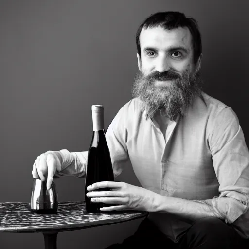 Image similar to portrait of a 3 0 years old frenchman in 2 0 2 0 seated at a table with a bottle of wine. award winning photography, 5 0 mm, studio lighting, black and white, contrasted.