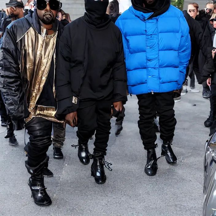 Prompt: kanye west using a full face covering black mask, a small, tight, child size reflective bright blue round puffer jacket made of nylon and big black balenciaga rubber boots,