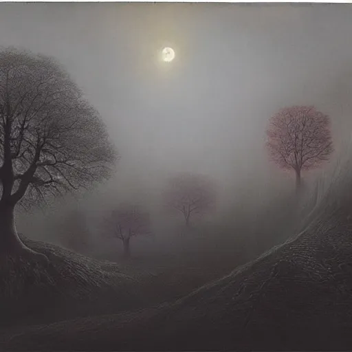 Image similar to A haunting dark castle stands over a misty orchard, a crescent moon dimly shines; lighting a small path that winds through the trees. A matte painting in the style of Wayne Barlowe, Zdzisław Beksiński, by Mordecai Ardon.