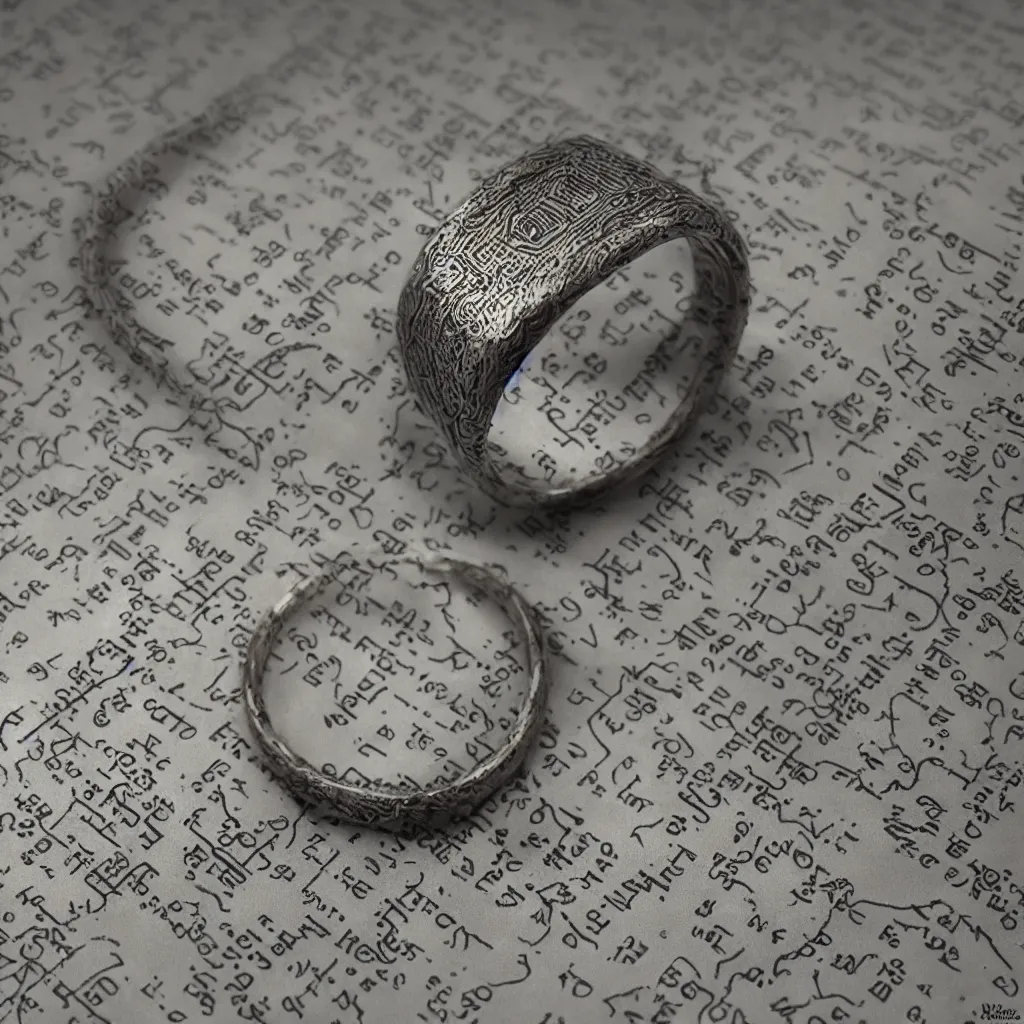 Image similar to the ring from lord if the rings with an imprinted ruler, cm scale imprinted on the inside of the ring, one ring to rule them all, highly detailed, 8 k, trending on artstation, mystic, rpg artwork