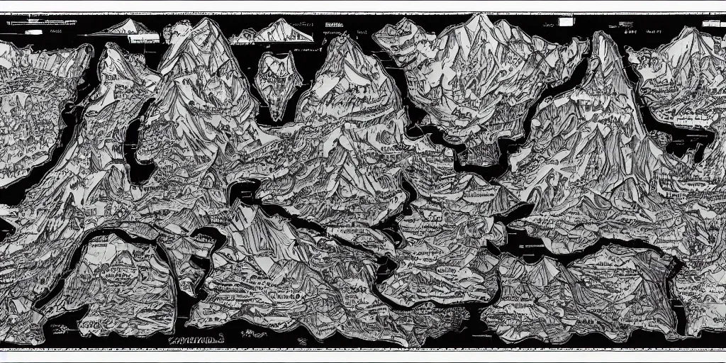 Image similar to technical drawing of dolomites and tyrolean folklore masks, multiple layers, detailed map, notes, stylized, blueprint, black and white, old, erosion