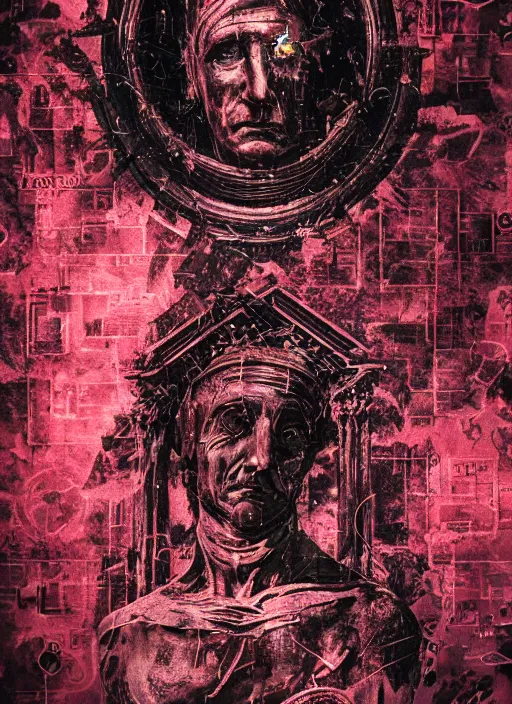 Prompt: elegant dark design poster showing a statue of julius caesar, black background with very subtle red and purple design elements, powerful, nekro, vito acconci, thin straight lines, dark, glitch art, neo vaporwave, gritty, layout frame, square, extremly detailed, trending on artstation