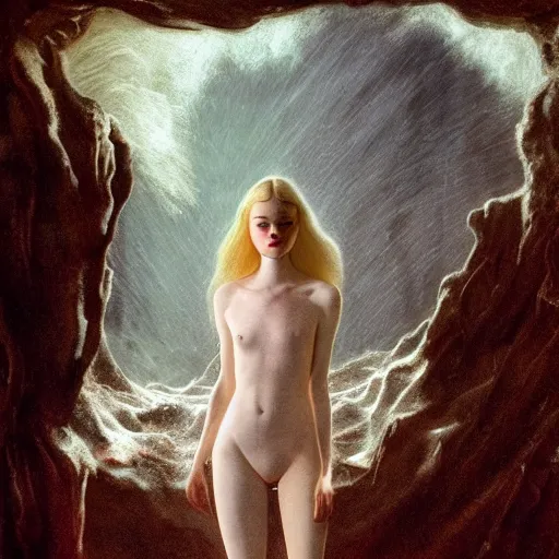 Image similar to Elle Fanning in a cave in the world of Adam Wyeth, head and shoulders portrait, stormy weather, extremely detailed masterpiece, oil on canvas, low-key neon lighting, artstation, Blade Runner 2049, Roger Deakin’s cinematography, by J. C. Leyendecker and Peter Paul Rubens and Edward Hopper and Michael Sowa,