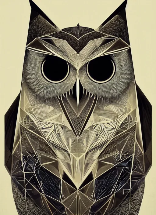 Image similar to portrait of a geometric owl, identical eyes, medium shot, illustration, full body made of white feathers, symmetrical, art stand, super detailed, cinematic lighting, and its detailed and intricate, gorgeous, by peter mohrbacher