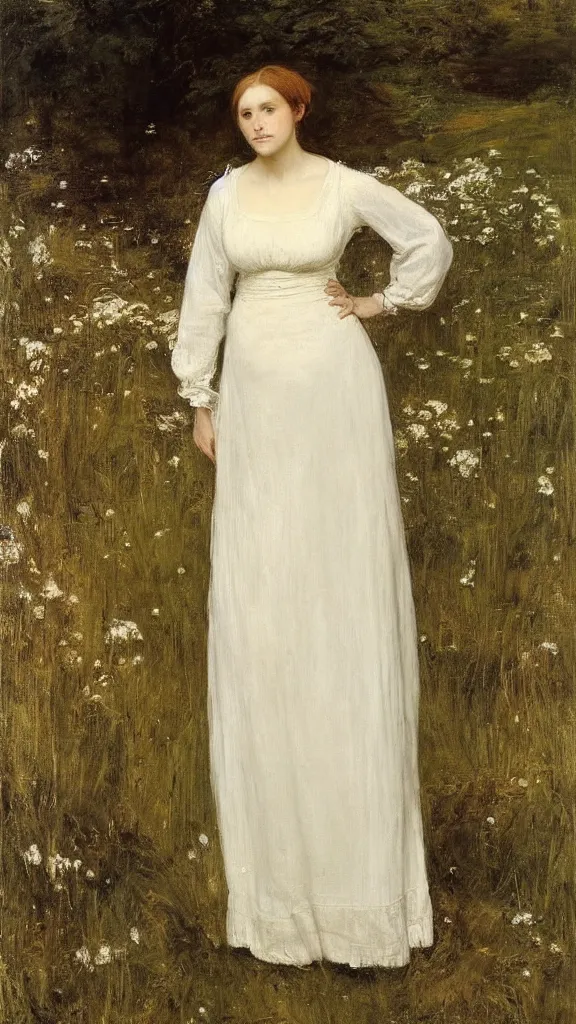 Image similar to portrait of a woman in a white dress, Ophelia , painted by John Everett Millais, full length photo.