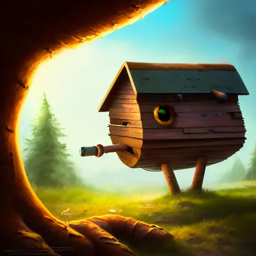 Image similar to a walking wood and metal house with two legs and one big eye, smoke chimney, rust, hyperrealistic, highly detailed, cinematic, single ray of sun, morning, pareidolia, gravity falls style, disney, ghibli, beautiful, cgssociety, artstation, 8 k, oil painting, digital art