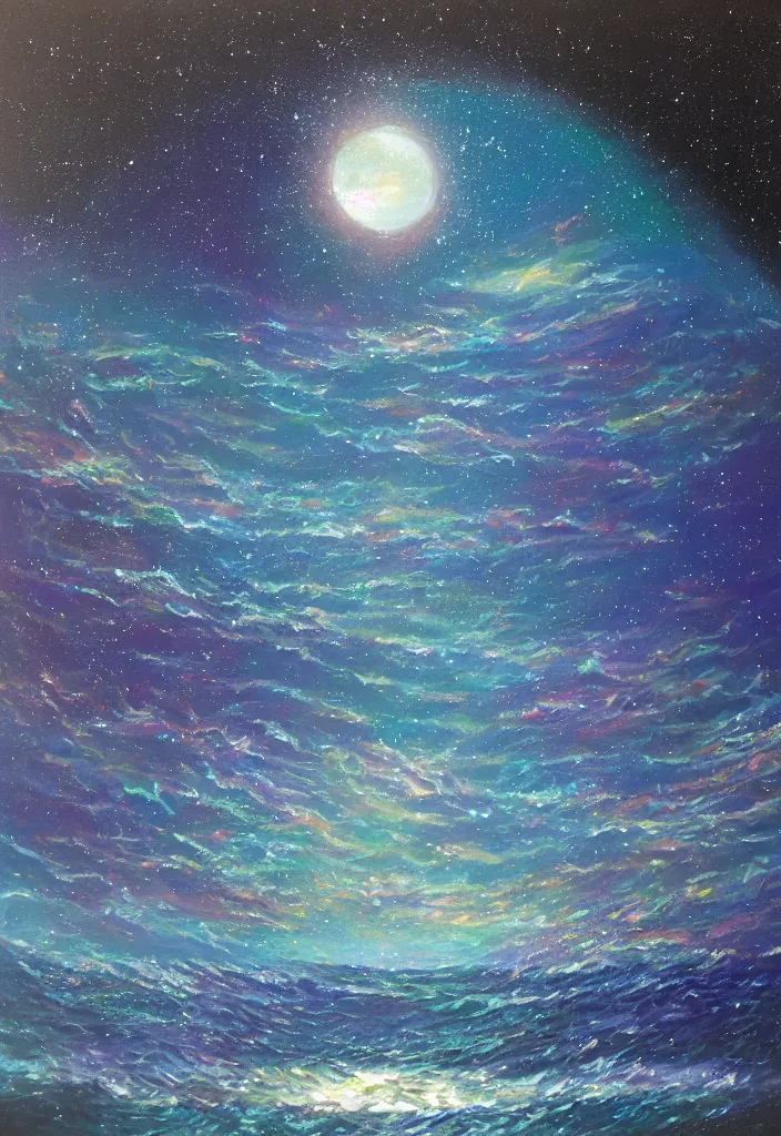 Image similar to the black door opened to the cosmos on a silver beach opening to reveal the cosmos, award winning oil painting, iridescent shimmer