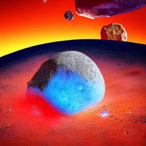 Image similar to Gigantic red-hot meteorite crashes into living planet, Bright colors, fantastic landscape, hyperrealism, no blur, 4k resolution, ultra detailed-i