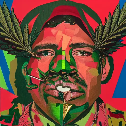 Prompt: profile picture of smoking marijuana, marijuana, hiphop, streetart, graffiti, hard edges, geometric, red gold and green, 3 d shapes, stoned, og, trippy, asymmetrical, 8 k, smoke, highly detailed masterpiece by sachin teng x supreme