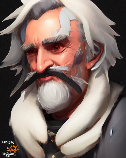 Image similar to overwatch concept art character portrait of a new character who is an elderly man with a scarred face and long mustache and eyepatch, trending on artstation, cgsociety,