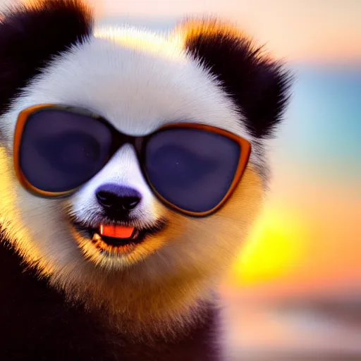 Prompt: a closeup photorealistic photograph of a cute stylish panda themed Pomeranian puppy dog wearing cat-eye sunglasses at the beach during sunset. Surf in the background. This 4K HD image is Trending on Artstation, featured on Behance, well-rendered, extra crisp, features intricate detail and the style of Unreal Engine.