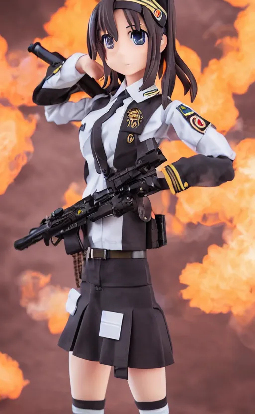 Prompt: toy photo, school uniform, portrait of the action figure of a girl, anime character anatomy, girls frontline universe, collection product, dirt and smoke background, flight squadron insignia, realistic military gear, 70mm lens, round elements, photo taken by professional photographer, trending on instagram, symbology, 4k resolution, low saturation, realistic sks carbine, realistic military carrier
