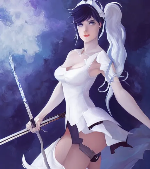 Image similar to A very beautiful painting of Weiss Schnee from RWBY by rossdraws, wlop, artgerm and Gil Elvgren