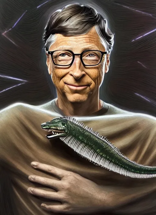 Image similar to bill gates as a reptiloid!!!, holding a syringe!!, portrait, intricate, elegant, highly detailed, digital painting, artstation, concept art, wallpaper, smooth, sharp focus, illustration, art by h. r. giger and artgerm and greg rutkowski and alphonse mucha