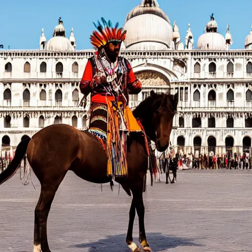 Prompt: photo of an Indian chief on a horse at St. Marco square in Venice, 50mm, beautiful photo