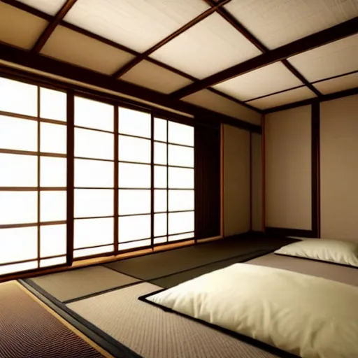 Prompt: still photo of a japanese guest room, highly detailed, photorealistic portrait, bright studio setting, studio lighting, crisp quality and light reflections, unreal engine 5 quality render