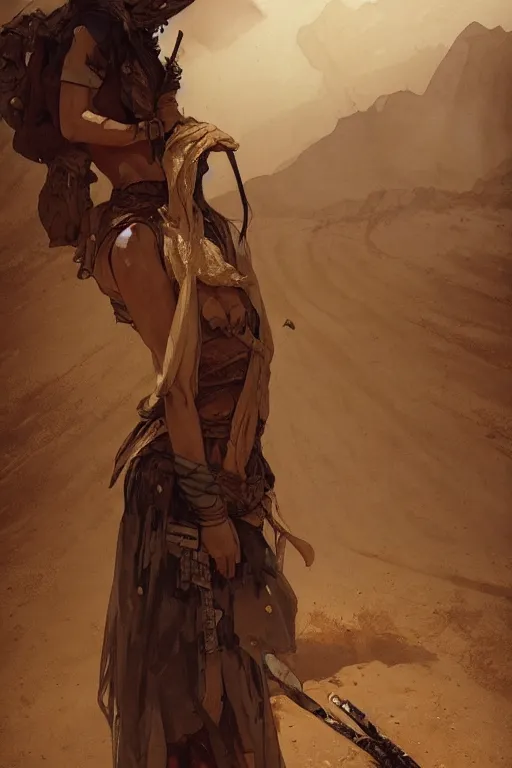 Image similar to a full body portrait of a beautiful post apocalyptic offworld desert bedouin blind barbarian leper laying by the roadside, begging, intricate, elegant, highly detailed, digital painting, artstation, concept art, smooth, sharp focus, illustration, art by krenz cushart and artem demura and alphonse mucha