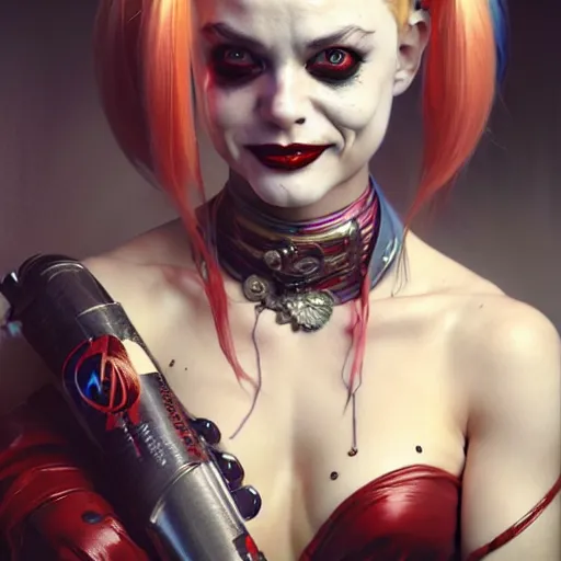 Image similar to portrait painting of harley quinn, ultra realistic, concept art, intricate details, eerie, highly detailed, photorealistic, octane render, 8 k, unreal engine. art by artgerm and greg rutkowski and charlie bowater and magali villeneuve and alphonse mucha