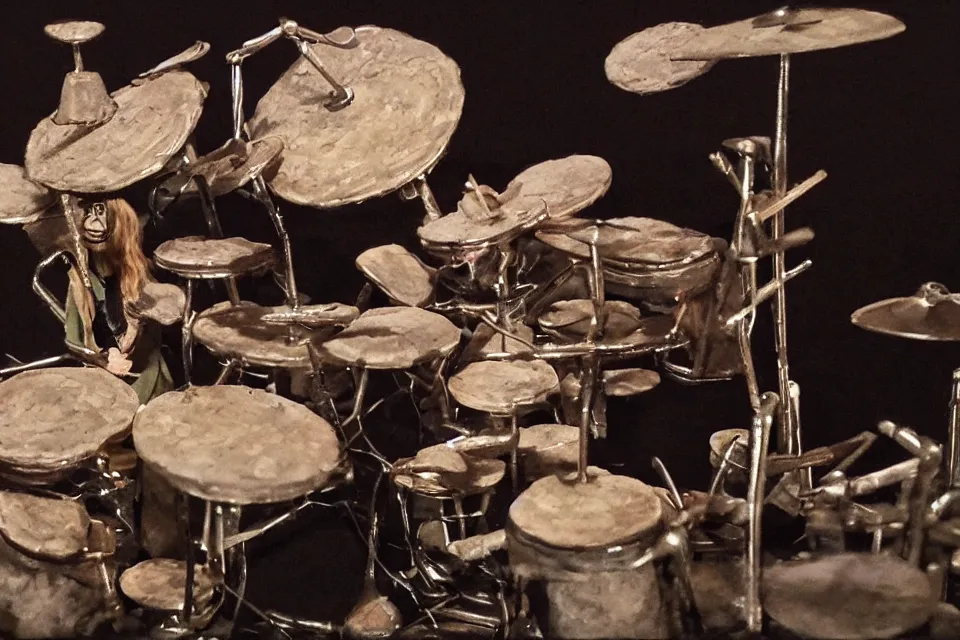 Image similar to a claymation film still of a curly long hair drummer playing the drum set. claymation by bruce bickford